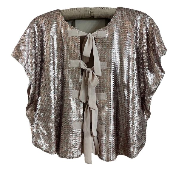 Aryn K Wom Sz Med Matte Sequin Champagne Short Sleeve Poncho Coquette Bow EUC - Picture 1 of 15